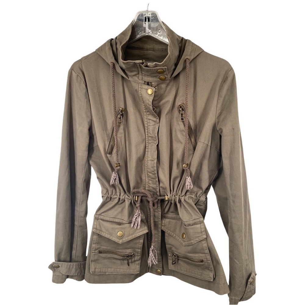Kenna-T Olive Green Utility Jacket Cinched Waist Bronze Metal Detail Size Medium